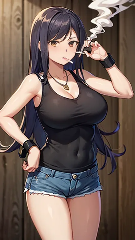 Highest quality,high resolution,２d,(Cel animation style),One woman,30 year old Asian female,(Straight long black hair),((Black tank top)),((Denim shorts)),((1 holding a pistol in each hand.3)),(Skull Necklace),Black sneakers,(Beautiful face with slits 1.3)...