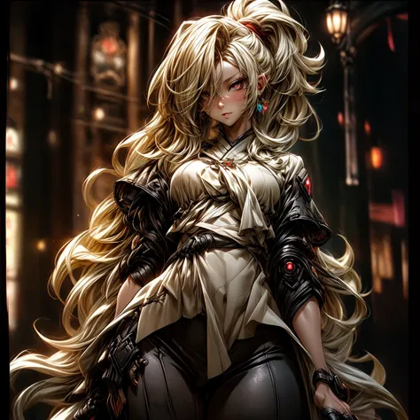 (best quality)), ((Masterpiece)), (details:1.4), 3d, HDR (high dynamic range), an image of a beautiful cyberpunk female, fantasy, Hips up, Blonde hair, High ponytail, Red eyes, จมูกโด่ง, ปากแดง, หน้าอกใหญ่, nvidia RTX, PBR surface, After processing, Anisot...