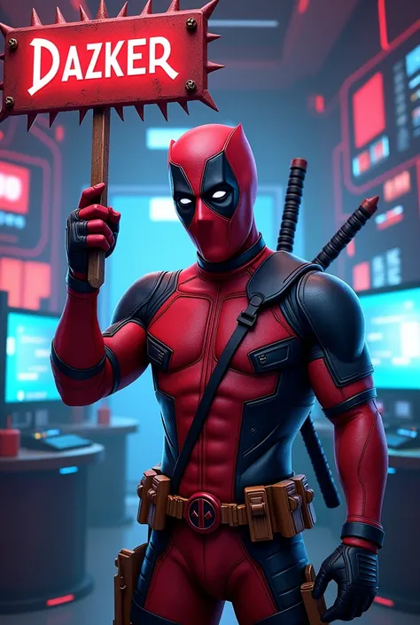 Deadpool gamer wallpaper holding a spiked sign with the word DAZKER