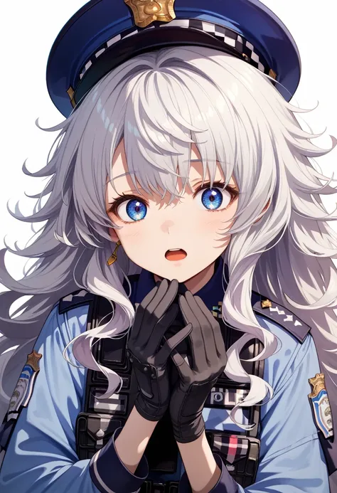 1girl, character: poli (nikke), blue eyes, highres, white hair, policewoman, very long hair, police hat, open mouth, looking at ...