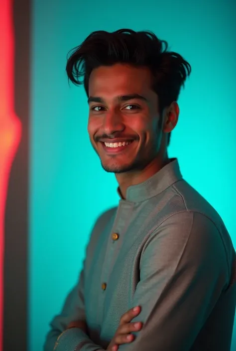 young man with dark stylish hair and a confident smile Anemi character . He is dressed Bengali tradition . The man is positioned against aqua colour backdrop with a subtle red lighting on the left side. and he posing for Linkedin profile