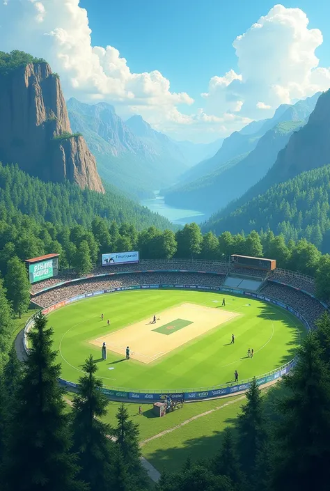 create an image of a cricket ground and the name of the ground is pehure ground . The name is mention on the board or on the top of the ground. the groung is surrounded by the mountain and trees . The name is mention 