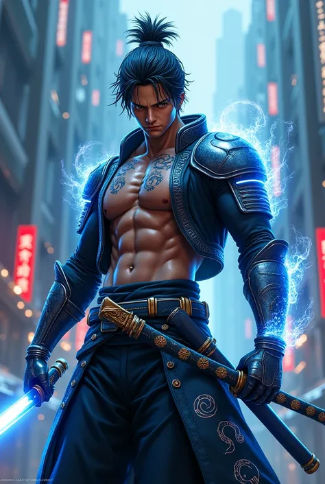 Luffy is reimagined as a neo-samurai warrior, his body muscular and clad in high-tech samurai armor that glows with neon blue accents. His iconic hair is tied back in a traditional topknot, but with interwoven metal strands, giving it a futuristic vibe. An...