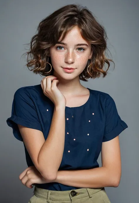 Cute Teenager  young girl, Brown hair, adorable attractive, innocent and friendly. Adorable little freckles on her cheeks. Short hair, lots of hair, short wavy hair. A color dark blue short-sleeved shirt with pants color khaki. Slightly  playful, flirtatio...