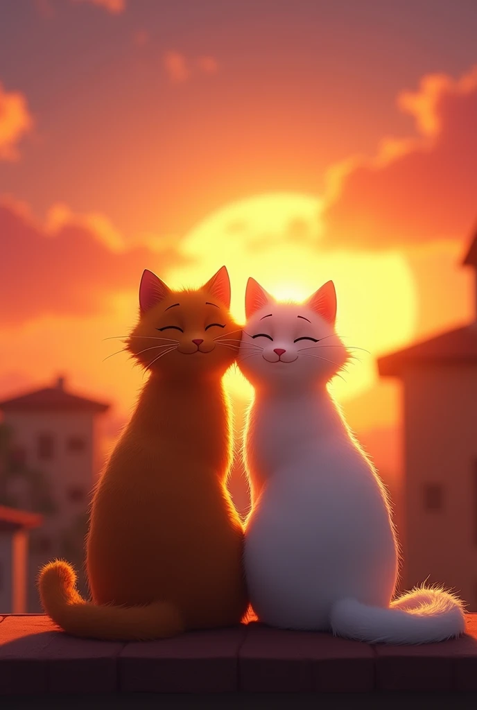 Moti brown cat band Sona white cat Cats Sitting Together at Sunset: Moti and Sona sitting side by side on a rooftop or in the alley, watching a beautiful sunset together, symbolizing their deep friendship. Pixar style 