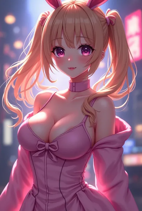 a beautiful anime school girl, long blonde hair in twin tails, dark purple eyes, huge breasts, wearing a pink bunnysuit, highly detailed, intricate details, 8k, photorealistic, masterpiece, cinematic lighting, vibrant colors, dynamic pose