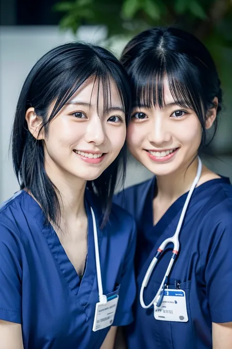 Two Japanese women in their 20s, both medical secretaries, are smiling. They are wearing short-sleeved scrubs in a dark blue color. Both have black hair.　Upper body close-up　Shooting outside　Harmony々　Hair tied up　