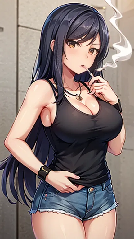 Highest quality,high resolution,２d,(Cel animation style),One woman,30 year old Asian female,(Straight long black hair),((Black tank top)),((Denim shorts)),((1 with a pistol in each hand.3)),(Skull Necklace),Black sneakers,(Beautiful face with a narrow slit...