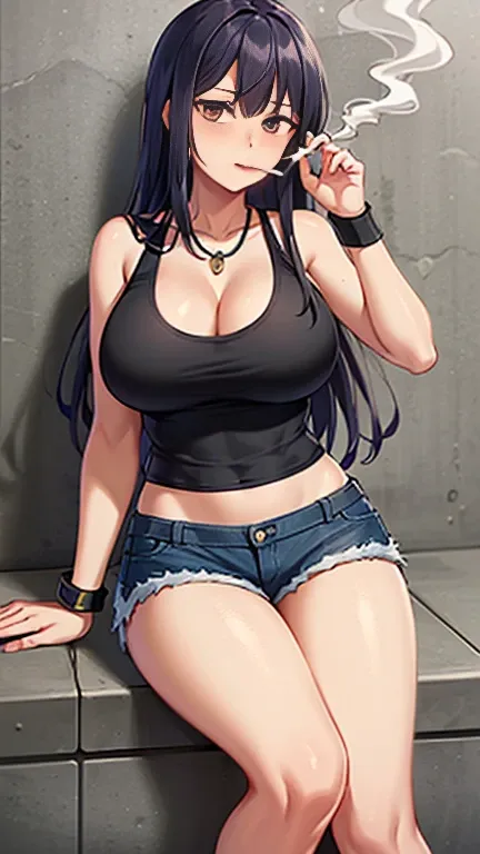 Highest quality,high resolution,２d,(Cel animation style),One woman,30 year old Asian female,(Straight long black hair),((Black tank top)),((Denim shorts)),((1 with a pistol in each hand.3)),(Skull Necklace),Black sneakers,(Beautiful face with a narrow slit...