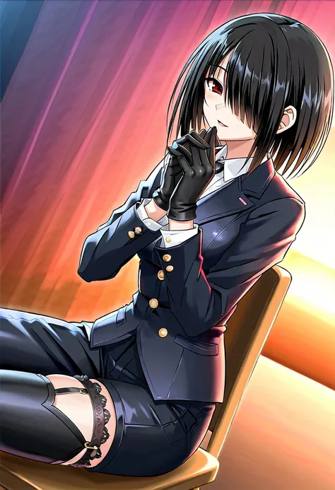 tokisaki kurumi,((masterpiece)),(((best quality))),((ultra-detailed)),((illustration)),((disheveled hair)),((frills)),black leather rider jacket,office in the dark,Fingertips of black leather gloves on both hands,wearing black leather gloves,sitting in a b...