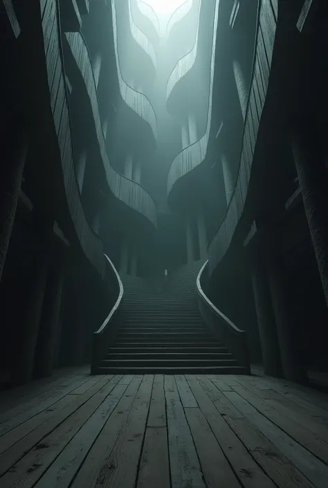 (photorealism:1.2), immense inside space, twisted and unreal, liminal, dark, haunted, artificial , wooden floors, staircases, darkness eternal, Gray lighting, 