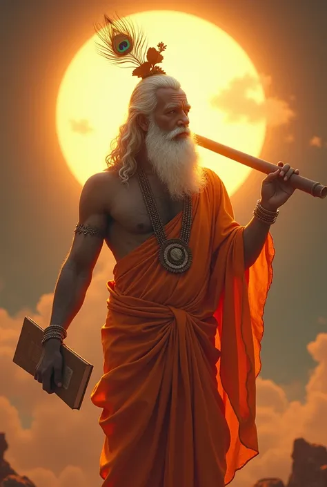 Om is written in the background, he has peacock feathers like Krishna, he is wearing orange clothes and the form of a saint with a slightly larger body. The sun should shine instead of your face, you should have a book in one hand and a flute in the other.