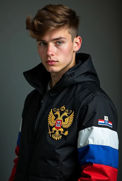 Take me a photo of a young 1 man with a black jacket on his chest the flag of Russia with its colors the coat of arms 