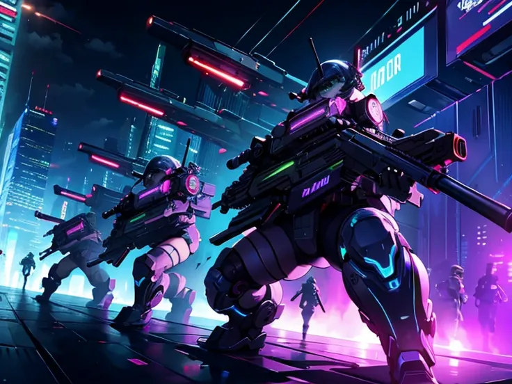 Very detailed,High resolution,4K,8k,masterpiece,High resolution,Late Night,Cyberpunk cityscape,Vibrant neon glow,A group of soldiers with heavy weapons are charging,Sprint,From the side