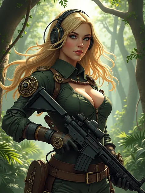 female soldier in steampunk look, with assault rifle in hand, blonde hair, Jungle Background