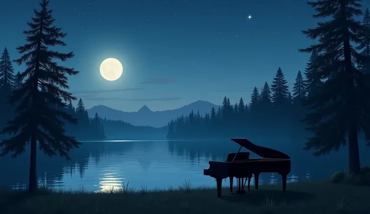 With a serene lake in the foreground, surrounded by tall evergreen trees, it creates a peaceful nightscape. The sky is filled with stars and a full moon casts a soft light on the landscape. The skys color shifts from deep blue to soft purples and pinks nea...