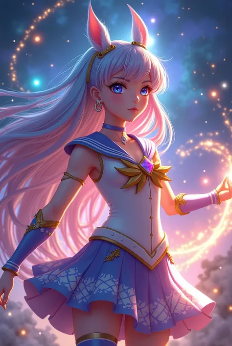 Sai Noi Wedmon, a girl with rainbow hair and a Sailor Moon outfit, uses the power of the odd universe. The stars hold the stars and have friends.
