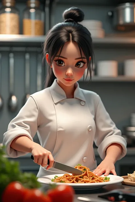  a children its a girl, the theme is a chef, the background is she is in the kitchen make it realistic (the subject is in the center, in front if camera cooking )