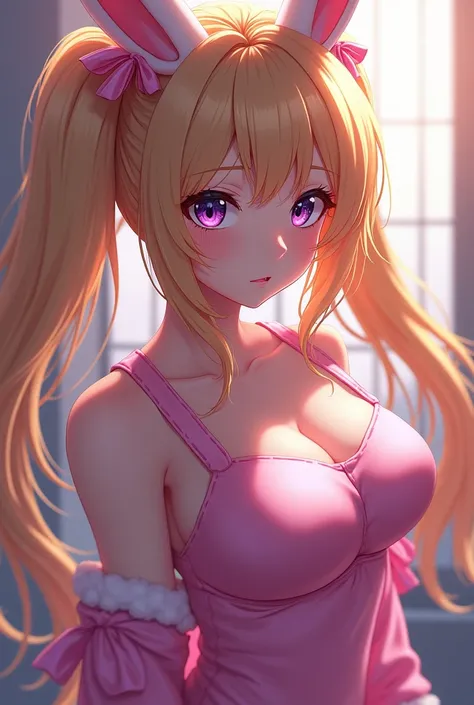 a beautiful anime school girl, long blonde hair in twin tails, dark purple eyes, huge breasts, wearing a pink bunny suit, hyper detailed, intricate, highly detailed, 8k, photorealistic, masterpiece, digital art, realistic, sharp focus, vibrant colors, soft...