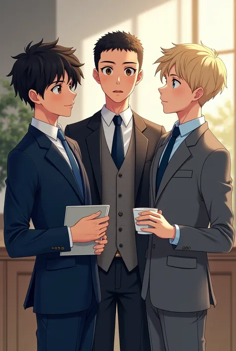 Boy 1 (Black):

Appearance: He has short, curly black hair and warm brown eyes. He’s dressed in a dark navy suit with a crisp white dress shirt and a dark blue tie. His expression is one of curiosity and engagement.
Pose: He is positioned at the center of ...