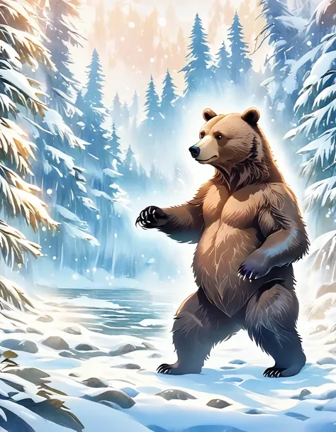 ink style，a brown bear stands on the bank of a forest river，striking a threatening pose,snow fairy tale