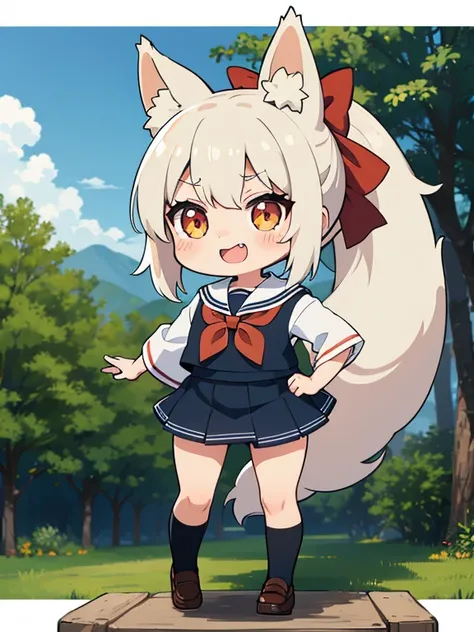 highres, , a fox, nenodroid, glad, laughing, standing, looking at viewer, ponytail, blunt cut, silver hair, golden eyes, big eyes, eyes open, fair skin, chibi, slim, mini skirt, school uniform, sailor uniform, ribbon, with fox ears, , japanese, white backg...