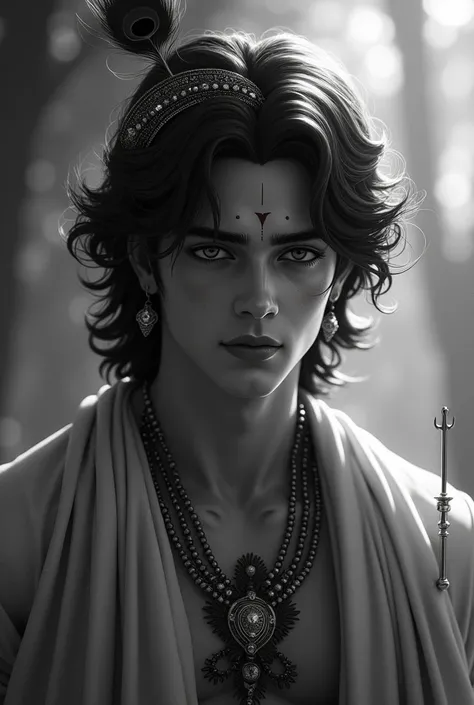 Generate a image if lord krishna of 21 year handsome anime black and white soft blur looking mature and aesthetic with more pankh and basuri