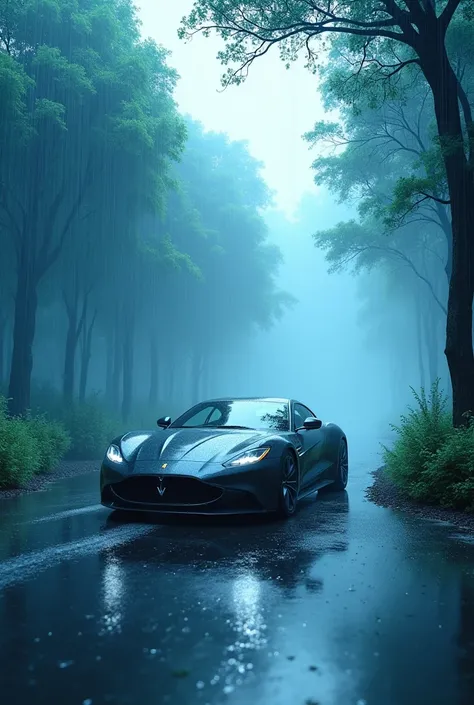 A car driving in blue trees and rainfall
