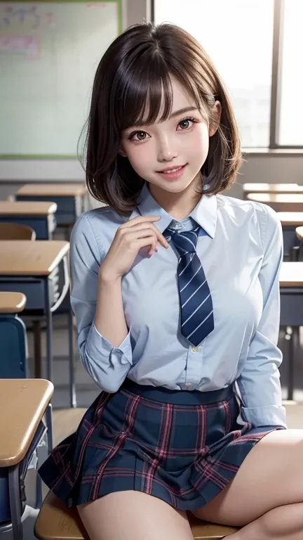 Product quality,1 person,Low Angle,(Realistic),Young and cute Japan,Daytime, ((High school classroom:1.2)),Schoolgirl uniform,blazer,tie,Plaid,Blue Micro Mini Skirt,Very cute face,Glossy Lips,Beautiful big eyes,Brown eyes,Double eyelids on both eyes,(Natur...