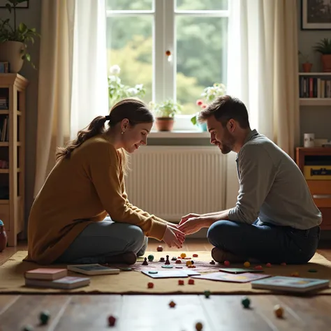 Photographs，One man and one woman，Two people sitting on the floor playing games，Don&#39;t get too close to each other.，There are books and small toys on the floor，Realistic characters，European and American Characters，Bright environment