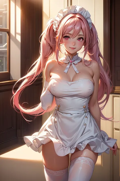 ((best quality, ultra-detailed, high resolution, extremely detailed CG, super detailed, direct light, Most beautiful clean lighting)), 1 girl, beautiful girl, cute girl and idol face, young face, smile, Beautiful long pink hair, twintails, Beautiful shinin...