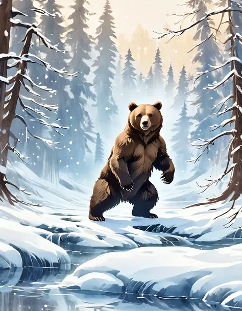 ink style，a brown bear stands on the bank of a forest river，striking a threatening pose,snow fairy tale