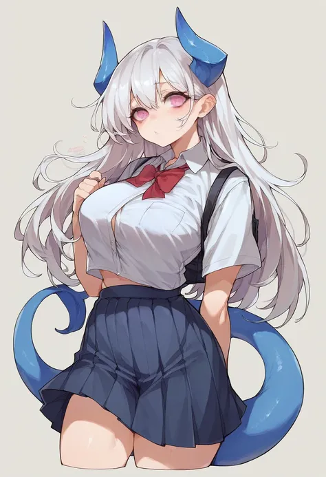 The female has white hair, long hair, white skin, Has pink eyes, blue horns and a blue tail, wears a school uniform.