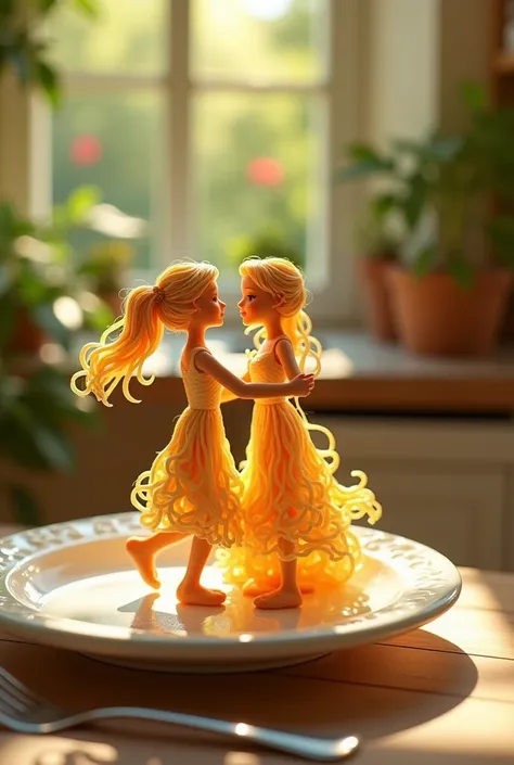 A whimsical miniature figure composed of delicately arranged noodles couple, poised in a carefree dance on the rim of a plate, white shiny plate, set on a table, vibrant kitchen backdrop, where dappled sunlight filters through the canopy above, casting int...