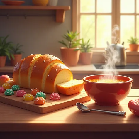 Beautiful kitchen with bread, Disney style candy and hot soup 