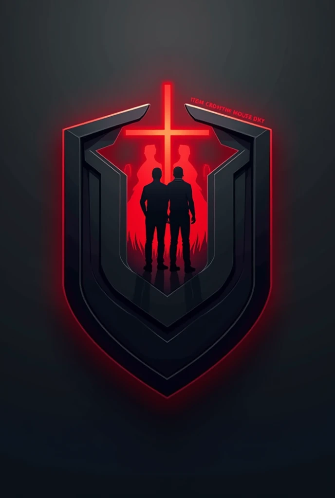 Tim esports logo, Shield-shaped logo with clean, modern lines. In the center of the shield, there is a silhouette of two people standing side by side, symbolizes a couple. Behind them, there is a faint shadow of a third figure, whose position is slightly l...