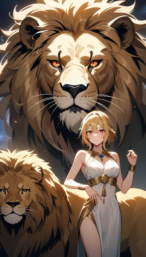 （Huang Li、high quality、Extremely detailed），Constellation - Goddess Leo，Giant lion，Woman petting a lion，Similar to Latin goodness，brave，capricious，Productivity，The face of enterprising and humanitarianism，Blonde Hair，Ancient Greek costumes、Wrap Dress，The ba...