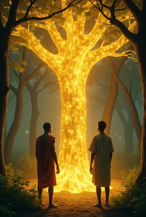 The two Jealous African Brothers and the shining beautiful golden  Talking Tree in the forest, show some space on the ground.