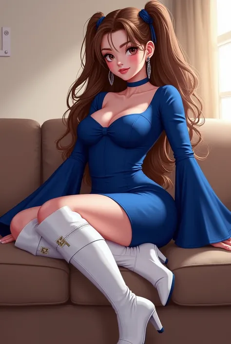 tall girl, white skin, brown hair with dual ponytails, thick body, dark blue bodycon, dark blue bell sleeves, white boots, sitting on a couch, fanart