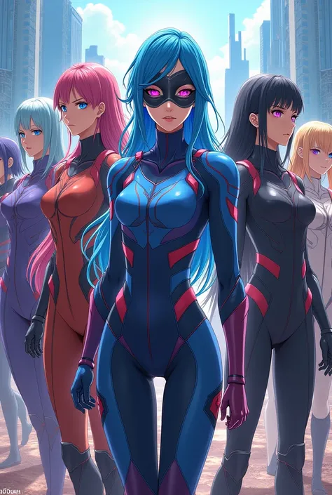 An anime team of nine heroes with different costumes, each hero has his own color, and among them is a girl with blue hair, a costume, and a mask with pink eyes. 