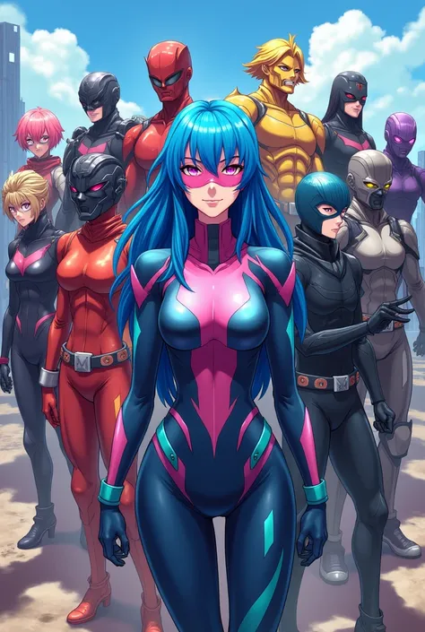 An anime team of nine heroes with different costumes, each hero has his own color, and among them is a girl with blue hair, a costume, and a mask with pink eyes. 