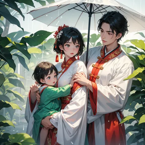 A one-year-old baby boy in an ancient Chinese baby costume with his beautiful mother, dressed in an white ancient Chinese costume, playing with each other, with his handsome father standing next to his mother, close up.

Stand holding an umbrella to protec...