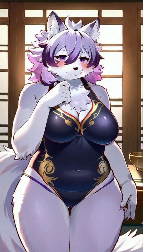 (top quality, best quality, High-quality illustrations, masterpiece, 16k, 1080p, uploaded on e621)(kemono, furry, anthro, alone), round, 1 female, hot mother figure, very detailed body face and eyes, wolf, Hekate, (Tokyo Afterschool Summoners), chubby body...