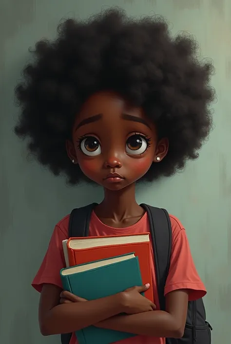 A black girl holding her books and looks so sad