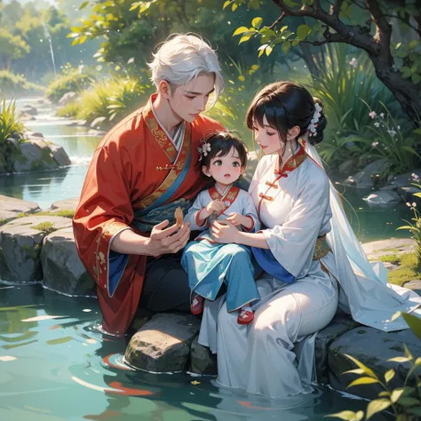 A one-year-old baby boy in an ancient Chinese baby costume with his beautiful mother, dressed in an white ancient Chinese costume, playing with each other, with his handsome father standing next to his mother, close up.

Sitting fishing next to a green str...