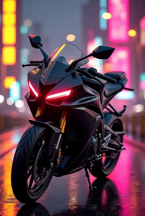 A Blackout YAMAHA R15 v4 in a cyberpunk city and yellow and pink neon lights and glowing her headlight in red colour