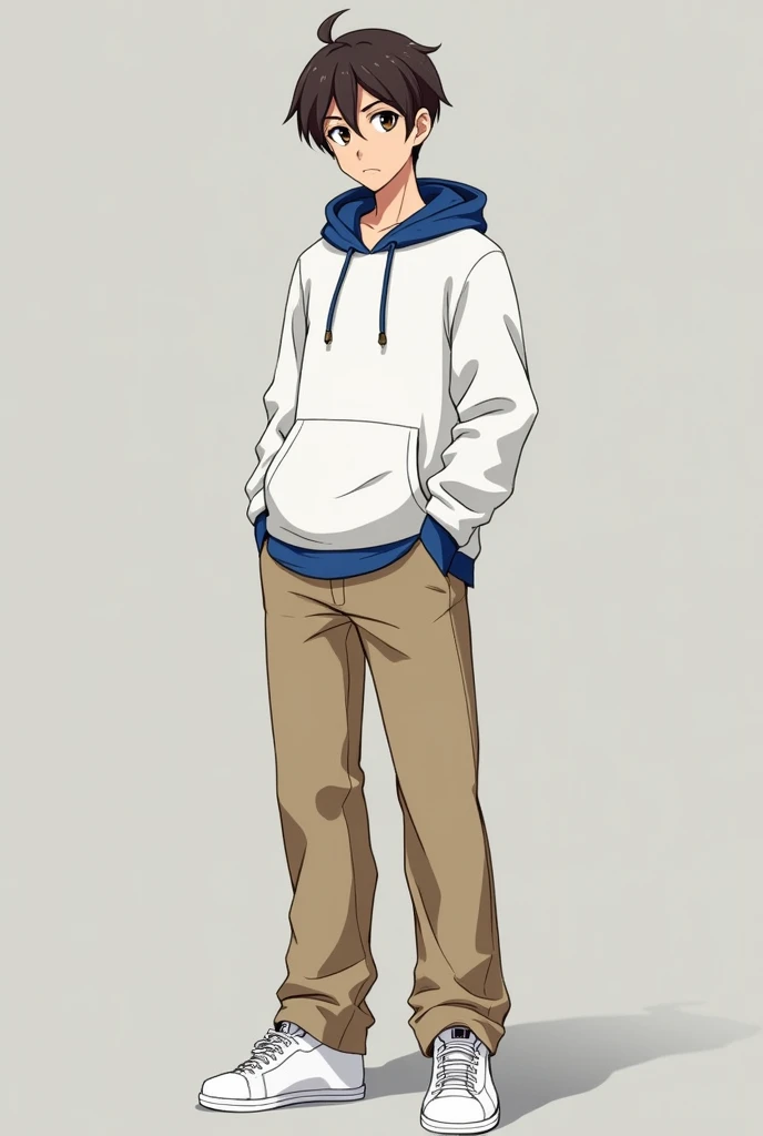 Shinichi is a tall young man, with short brown hair, and black eyes. He wears a white sweat jacket with a blue hood, khaki pants, and white shoes.