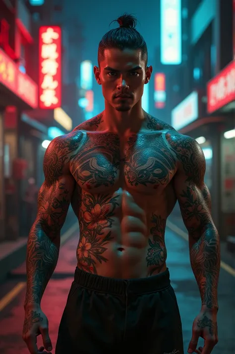 A young man who is a member of a Japanese yakuza clan, shirtless and tattooed 