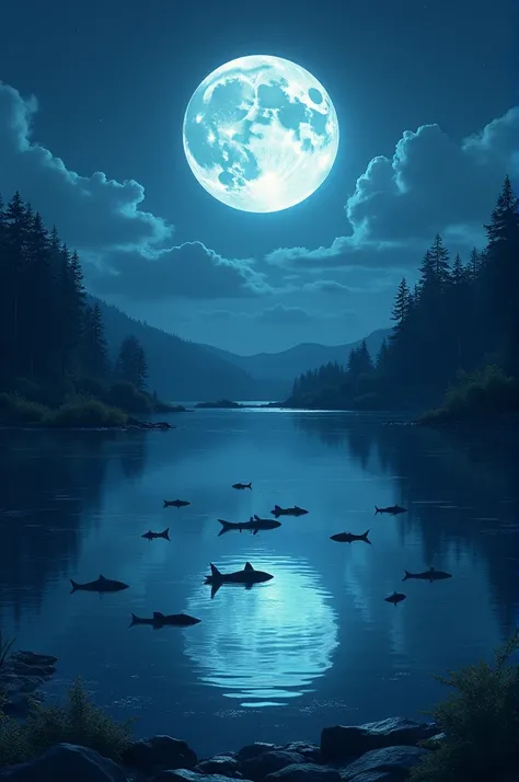 Full moon in night time near Lake in the lake full of fish 