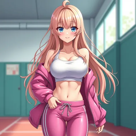 1 woman (age: 25, skin: white, eyes: sharp blue, hair: long blonde, body: perfect sexy woman, chest size: 1.5, lips: pink, hair bangs color: pink, clothes: wearing a sports teacher uniform aka cut -tanktop, open jacket and training pants], anime style art)